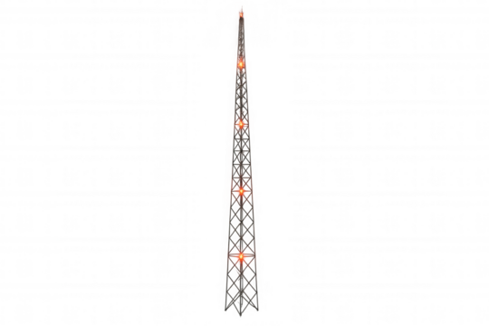 Telecommunication tower transmitting radio signals, providing global connectivity and wireless broadcasting with warning lights