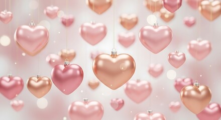 Soft pink and rose gold heartshaped ornaments floating in a bokeh background