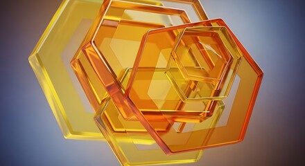 Stack of translucent orange and yellow hexagonal frames, creating a geometric and modern abstract composition
