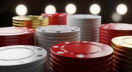 Stacks of casino poker chips in red, white, and gold, representing gambling and fortune