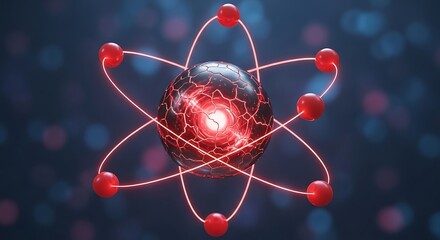 Stylized atomic model with a glowing red nucleus and orbiting electrons, representing science, energy, and the universe