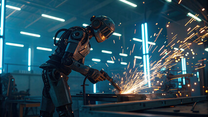 Humanoid robot is welding metal parts in industrial setting, with sparks flying around. scene is illuminated by glowing blue lights, creating futuristic atmosphere