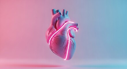 Stylized anatomical heart glowing with neon pink and blue light, floating in a minimalist, gradientlit studio environment