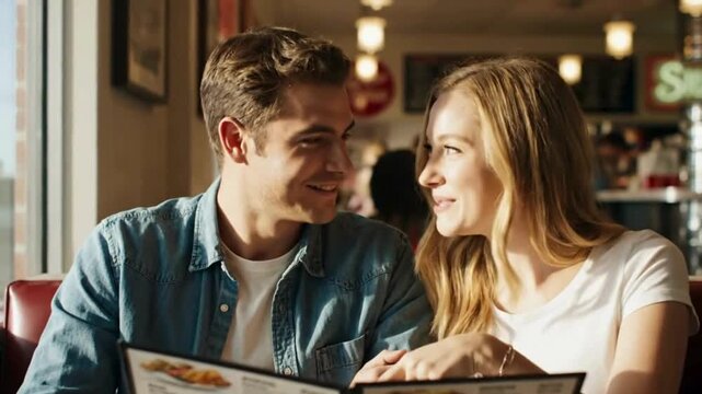 Joyful young couple excitedly choosing dinner from menu in diner, romantic date night, celebrating anniversary, warm light, fun lifestyle video