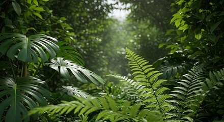 Sunlight filters through the dense canopy of a lush, green rainforest, illuminating vibrant foliage and creating a mystical atmosphere