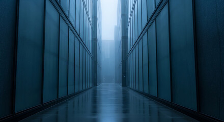 Obraz premium Modern buildings in the fog on a rainy day