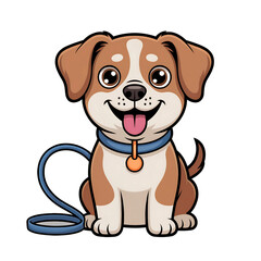 Happy Cartoon Puppy with Orange Tag and Blue Leash cute isolated on a transparent background