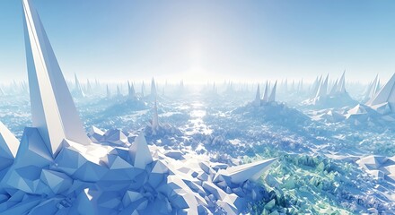 Surreal alien landscape with sharp, crystalline ice formations under a bright, frosty sky