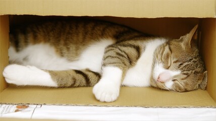 Peaceful Resting Cat in Cardboard Box