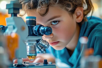 A curious young student intently peers into a microscope, examining a sample with focused determination, igniting a passion for scientific discovery and learning.