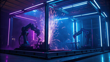 Futuristic robotic welding chamber with glowing neon lights and sparks creating industrial atmosphere. scene is vibrant and dynamic, showcasing advanced technology