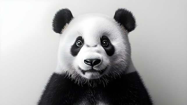 Close-up portrait of a Giant Panda with a neutral expression against a white background.