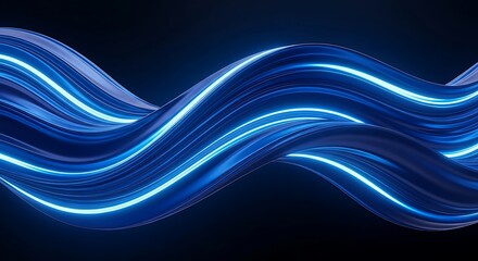 Twisted blue ribbon with glowing neon light edges, creating a dynamic and futuristic abstract shape