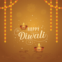 Happy Diwali, the festival of lights with glowing diya, bright fireworks, sparkles, and marigold garlands on a vibrant yellow festive background, perfect for greeting cards.