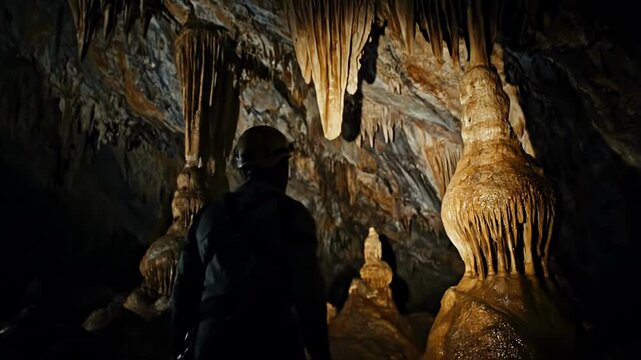 Explorer illuminating stalactite formations in mysterious underground cave environment