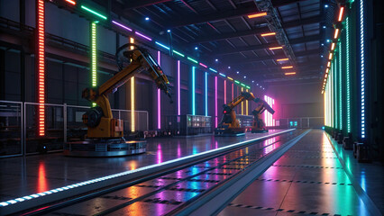 Futuristic factory with robotic arms and vibrant neon lights creates high tech atmosphere. glowing colors illuminate spacious interior, highlighting advanced automation technology