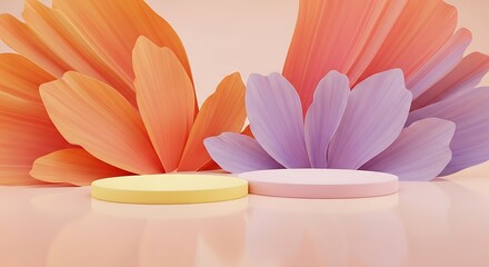Two pastel podiums in yellow and pink stand before large, stylized orange and purple flower petals