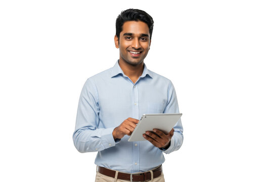 Smiling indian man in light blue shirt holding a tablet and interacting with it transparent background - Powered by Adobe