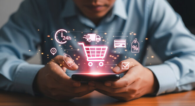 Man using mobile phone for online shopping with ecommerce icons and digital marketing strategy showcase the future of retail and consumer behavior