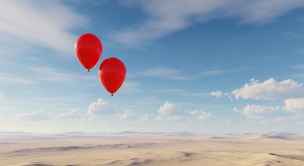 Two red balloons floating over a vast, empty desert landscape under a cloudy blue sky