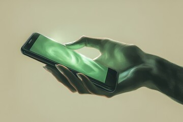 Stylized hand, bathed in green light, holds a smartphone displaying a mesmerizing, swirling abstract green pattern, symbolizing digital engagement.