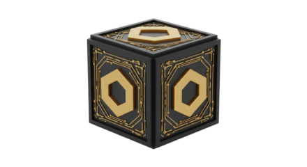 Ornate black cube with gold accents isolated PNG with Transparent Background