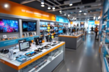 Electronics store interior with various displays and products on shelves.