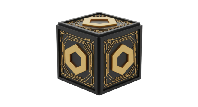 Ornate black cube with gold accents isolated PNG with Transparent Background - Powered by Adobe