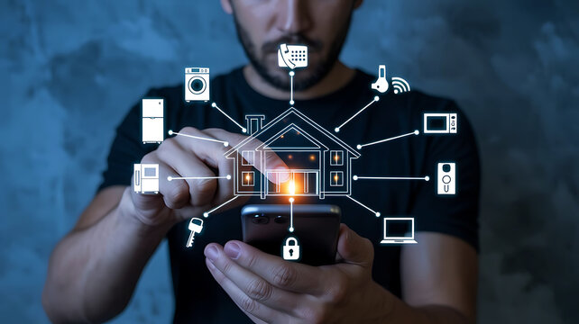 Man Using Smart Home App on Smartphone for Automation and Security Systems Control Technology Integration and Modern Lifestyle Connectivity