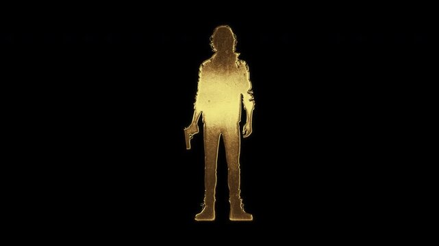 Male hitman with slightly reflected outlines on a gold foil-like surface, loop, alpha channel

