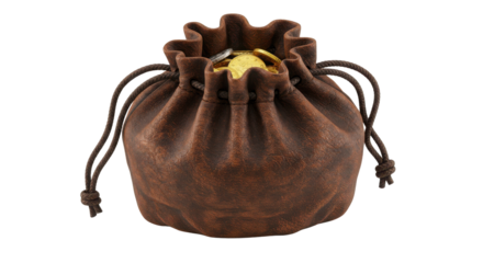 Brown leather pouch bag filled with golden coins isolated PNG with Transparent Background