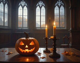 Dark gothic hall with tall windows and pumpkin on table