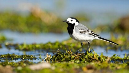 Fototapeta premium A white wagtail stands on a patch of aquatic vegetation