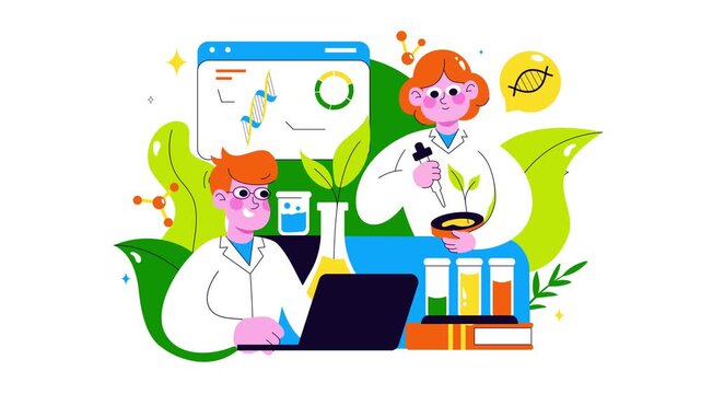 Animation of Biotechnology Innovation Illustration featuring Biology and Technology by Developing Products and Processes with a DNA in a Laboratory