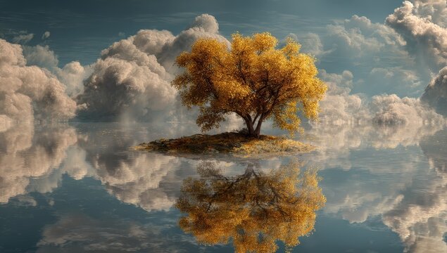 Isolated Tree on Small Island Reflecting in Calm Water Amidst Fluffy Clouds