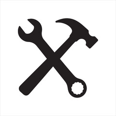 wrench and hammer crossed silhouette vector illustration on white background