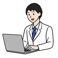 PC作業する白衣の若い男性（笑顔）