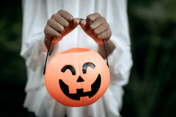 A young boy dressed as a ghost for Halloween wears a white sheet with black eye holes. Holding a pumpkin jack-o’-lantern bucket, he stands outdoors surrounded by dark green foliage