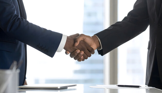 Two business professionals shaking hands in agreement after a successful deal, close-up view.