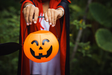Two young children in Halloween costumes stand outdoors, holding pumpkin buckets with jack-o’-lantern faces. Wearing witch hats festive outfits, they share playful smiles, surrounded by lush green