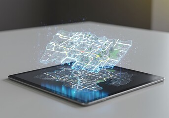 A holographic city map projection emerges from a tablet screen, displaying intricate street layouts and illuminated routes.