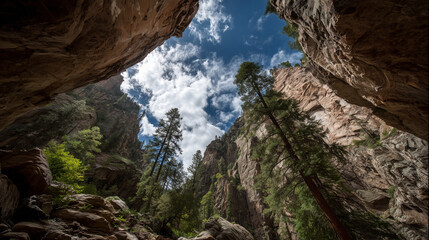 Fototapeta premium ooking up through narrow canyon gorge at sky and tall pine trees