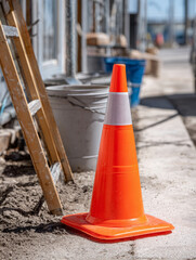 Traffic cone on construction site with ladder and buckets nearby.