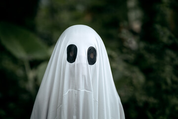 A young boy dressed as a ghost for Halloween wears a white sheet with two black eye holes. He raises both arms in a spooky gesture, surrounded by dark green foliage