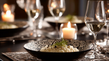 Fototapeta premium A bowl of creamy risotto garnished with a little caviar and thyme, served with white wine. Featuring richness and depth. AI-generated, horizontal
