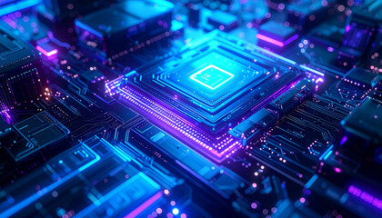 Obraz premium Cybernetic Core: A high-angle, close-up view of a central processing unit (CPU), with intricate circuitry bathed in a vibrant neon glow, symbolizing the essence of modern technology.