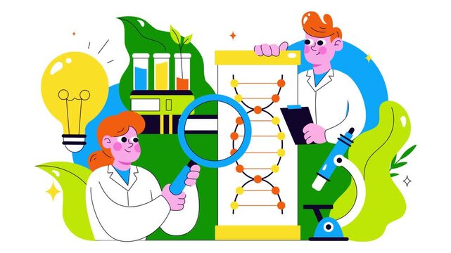 Animation of Biotechnology Innovation Illustration featuring Biology and Technology by Developing Products and Processes with a DNA in a Laboratory