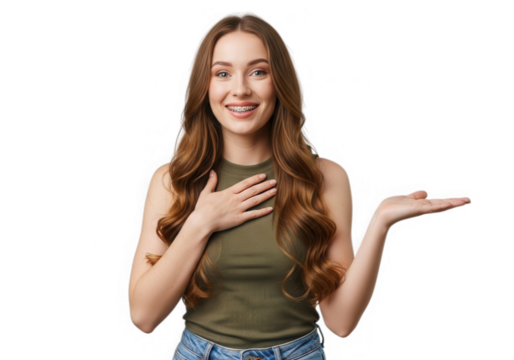 Smiling woman presenting isolated on transparent background
