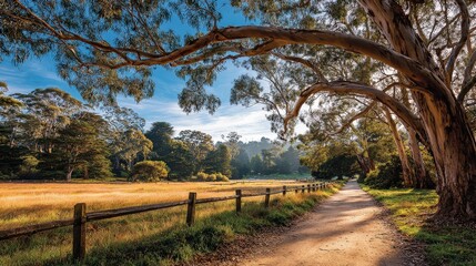 Sunlit Eucalyptus Tree Canopy Over Dirt Path and Wooden Fence on Right Side
