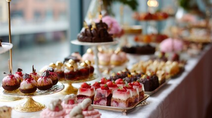 Exquisite display of desserts at a buffet showcasing various sweet treats in a bright setting